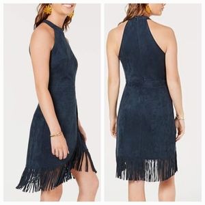 Rosie Harlow Midnight Navy Halter Neck Fringed Faux Suede Dress